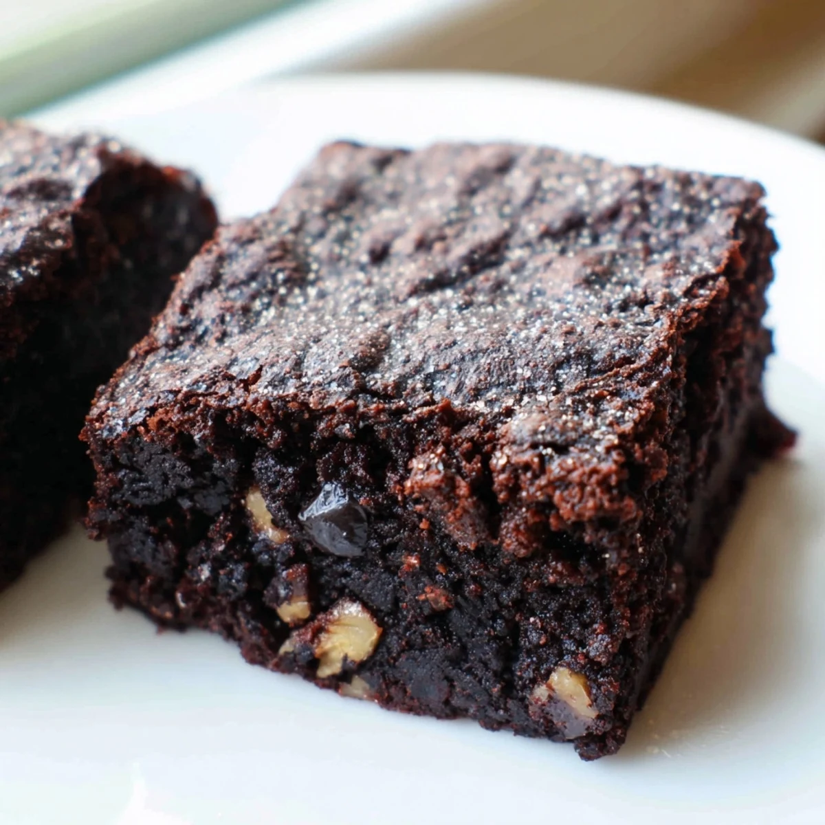 Rich chocolate brownies dusted with cocoa powder on a rustic cutting board