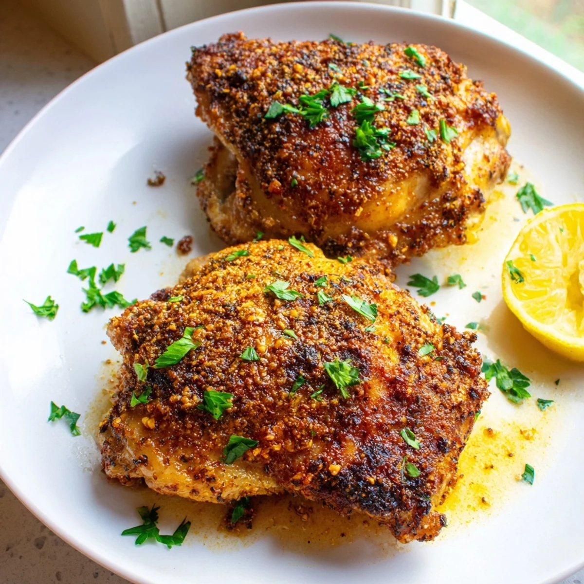 Golden crispy oven baked chicken thighs garnished with fresh parsley and bright lemon wedges on a rustic baking sheet