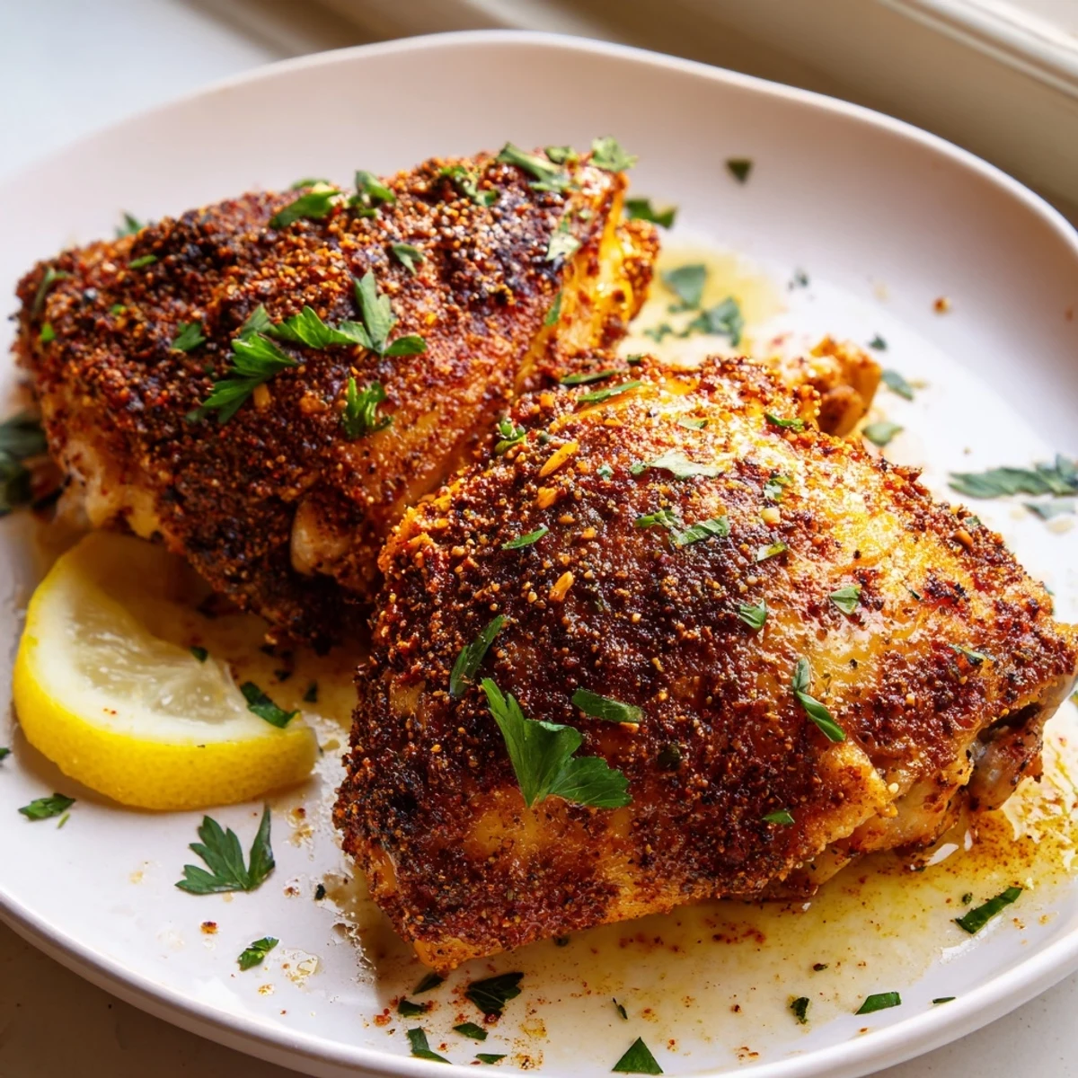 Juicy oven baked chicken thighs with smoky paprika seasoning served alongside roasted vegetables for a comforting weeknight dinner