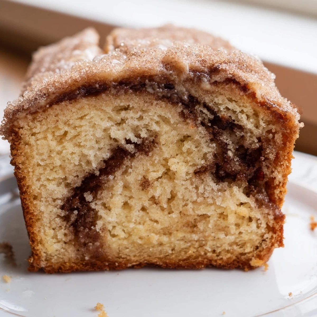 Warm cinnamon donut loaf sliced thick with a golden cinnamon sugar crust on top