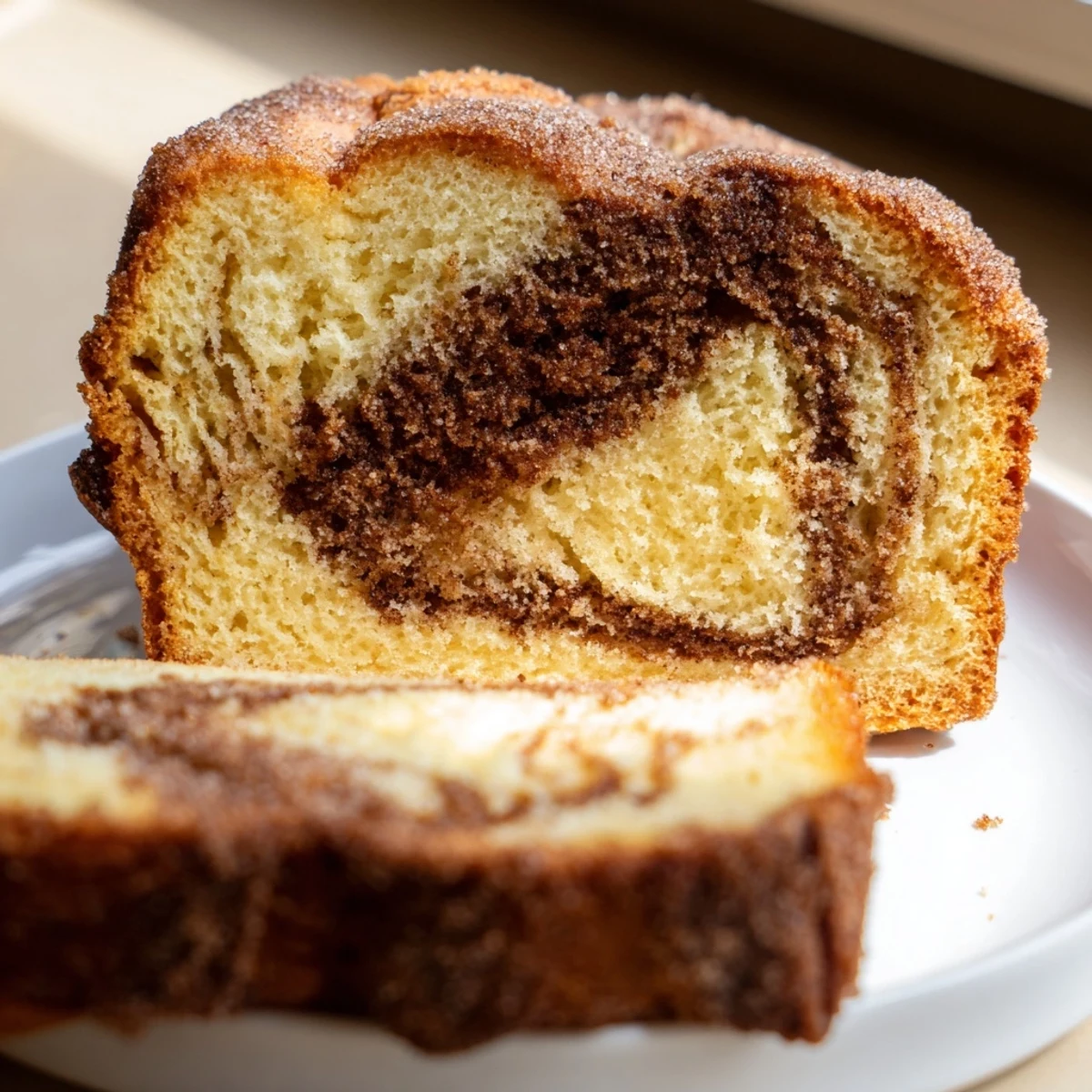 Moist cinnamon donut loaf fresh from the oven showing a rich swirled interior