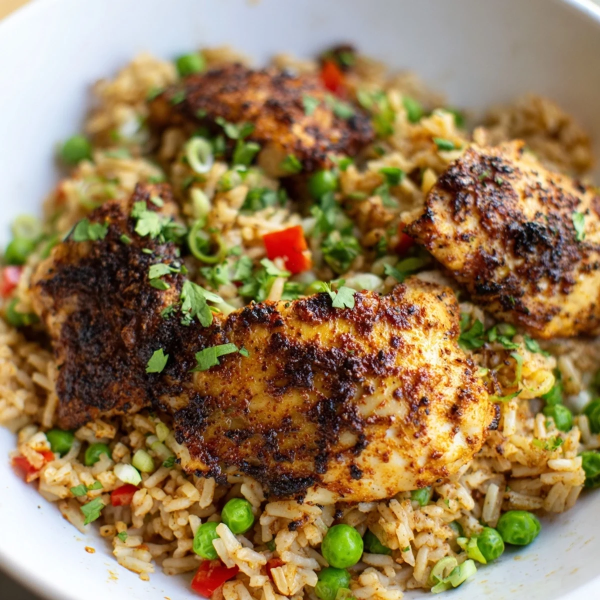 Spicy jerk chicken rice served in a skillet topped with fresh cilantro