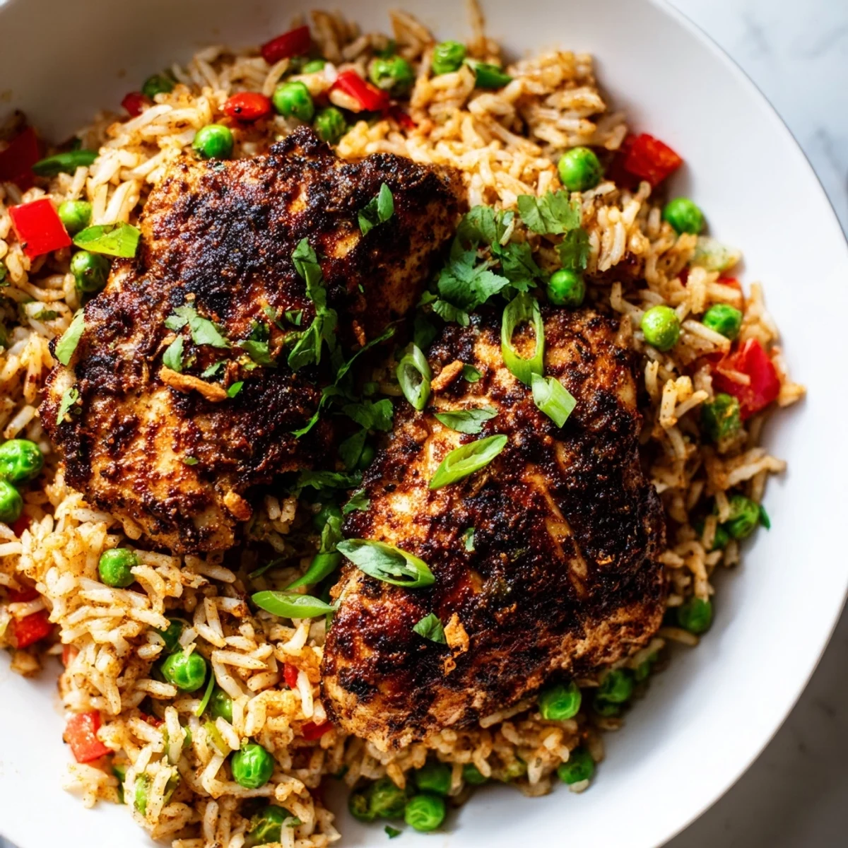 Aromatic spicy jerk chicken rice garnished with spring onions and red bell pepper