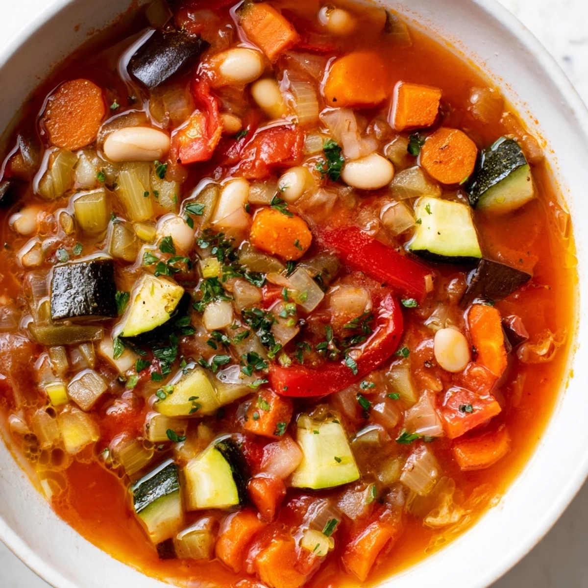 Steaming bowl of Mediterranean soup topped with fresh parsley and a bright lemon wedge