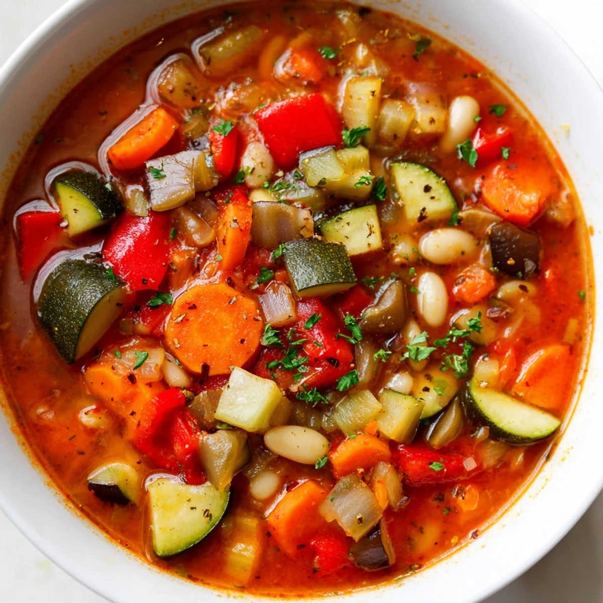 Colorful Mediterranean soup brimming with tender vegetables, white beans, and golden olive oil broth