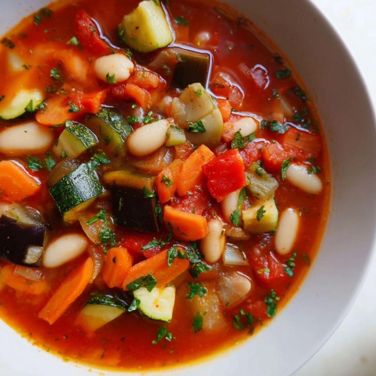 Hearty Mediterranean soup ladled into a rustic bowl, garnished with herbs and served alongside crusty bread
