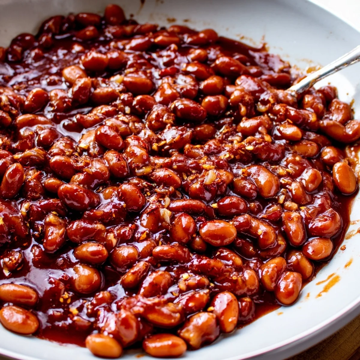 Quick Barbecued Beans glistening in thick, tangy sauce in a cast-iron skillet