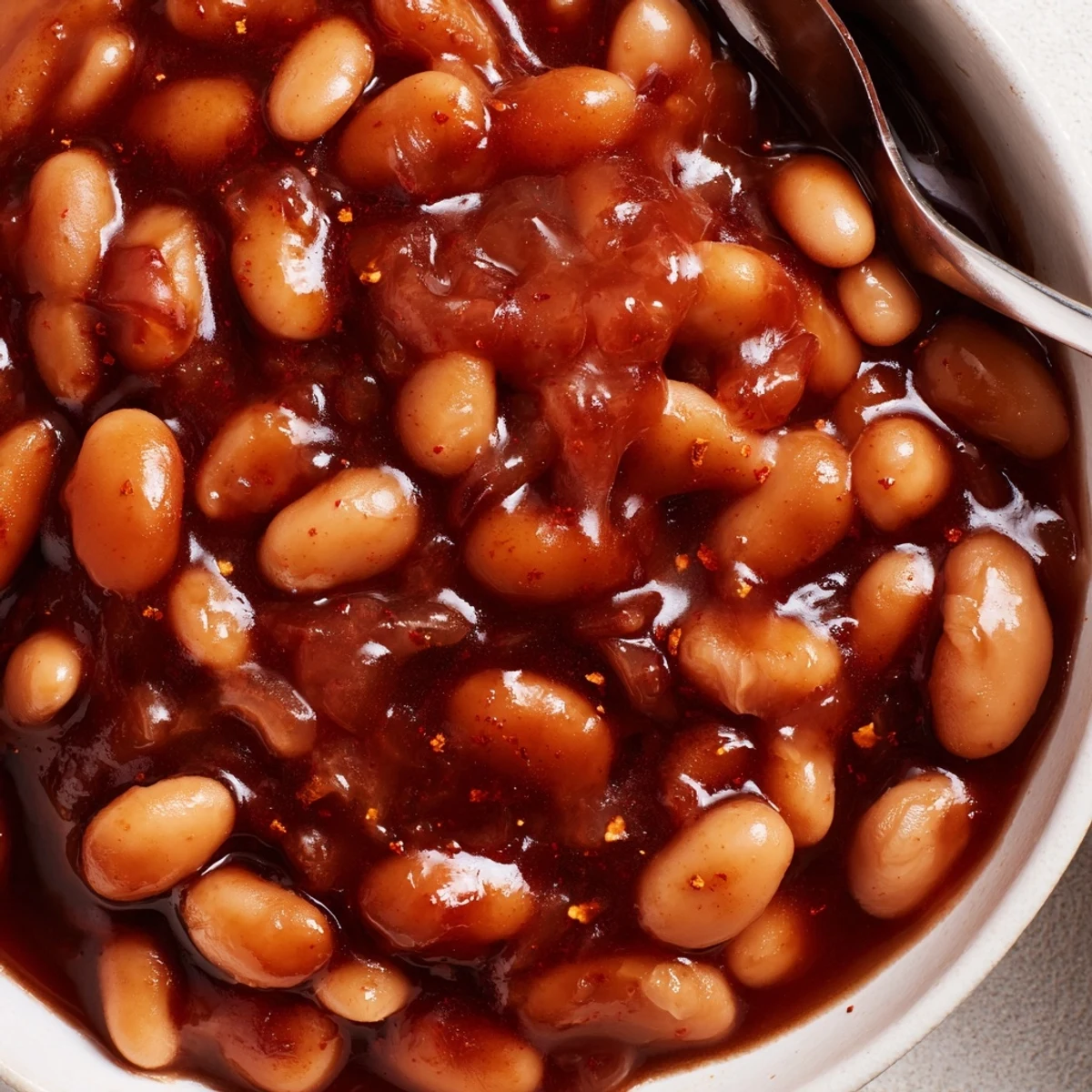 Quick Barbecued Beans served alongside golden cornbread on a rustic wooden table