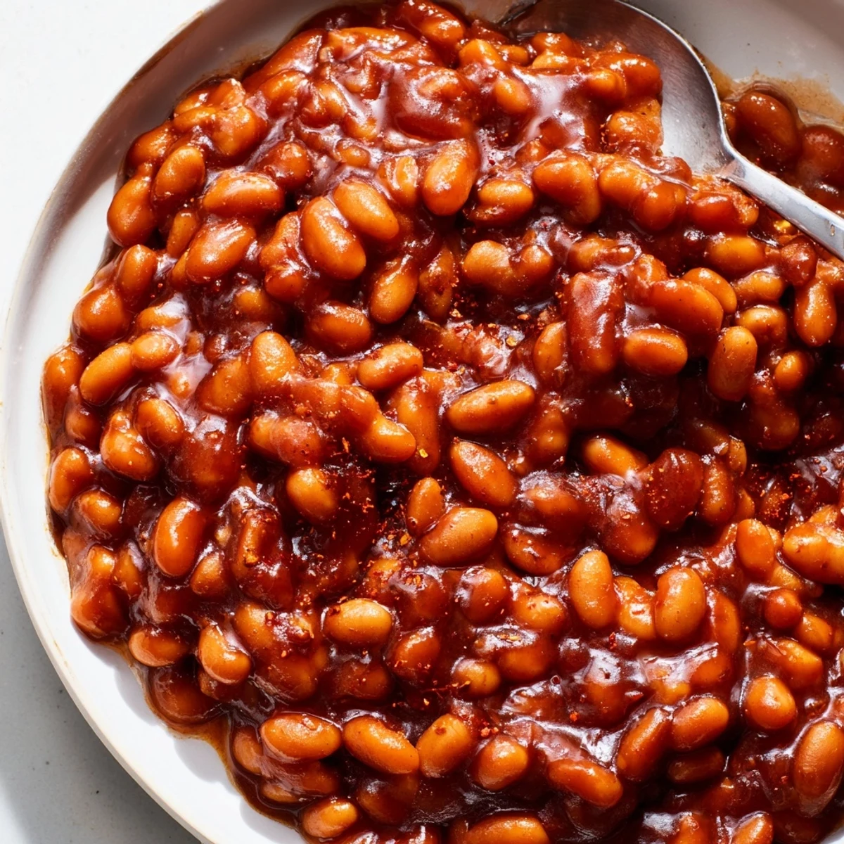 Steaming bowl of Quick Barbecued Beans topped with fresh chopped green onions