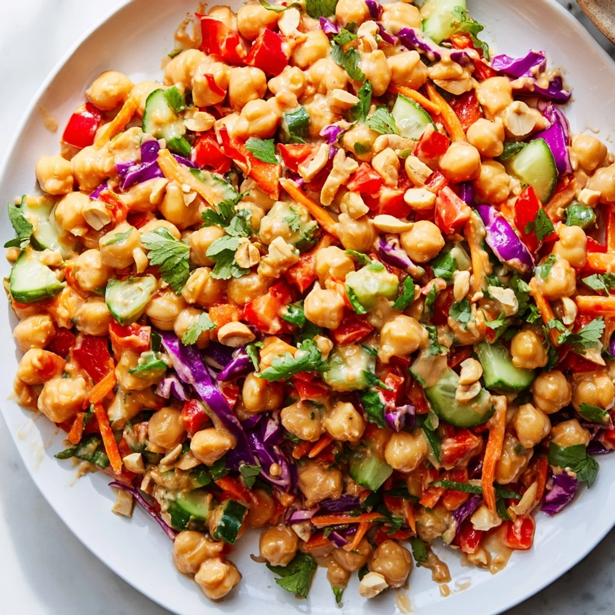 Colorful Crunchy Thai chickpea salad topped with crushed peanuts and fresh cilantro leaves