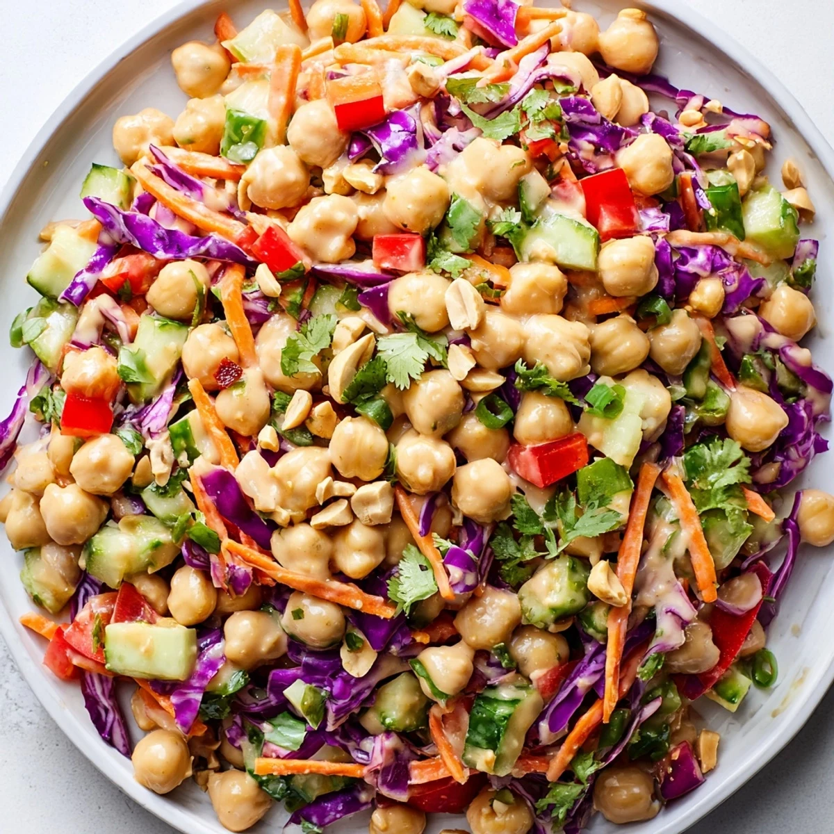 Vibrant Crunchy Thai chickpea salad served with shredded cabbage carrots and tangy dressing