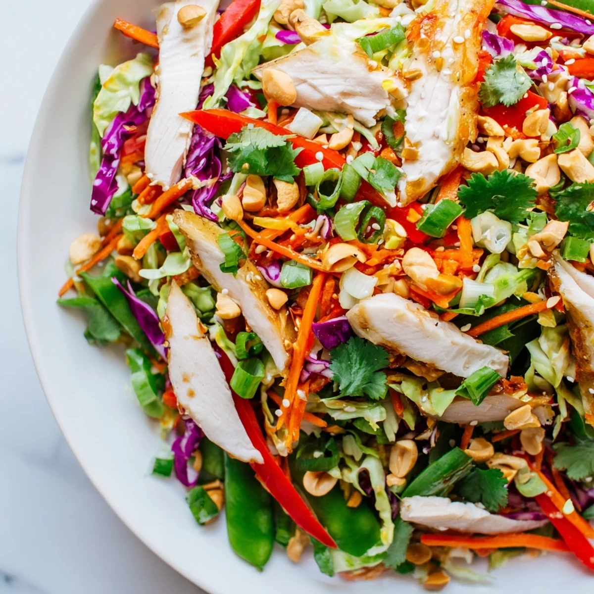 Colorful chicken cashew crunch salad topped with roasted cashews and crispy wontons on a rustic platter