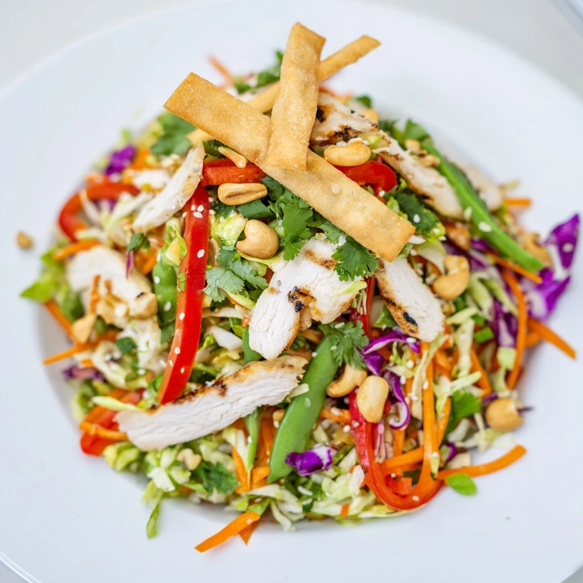 Fresh chicken cashew crunch salad featuring vibrant shredded cabbage, julienned carrots, and sesame-soy dressing