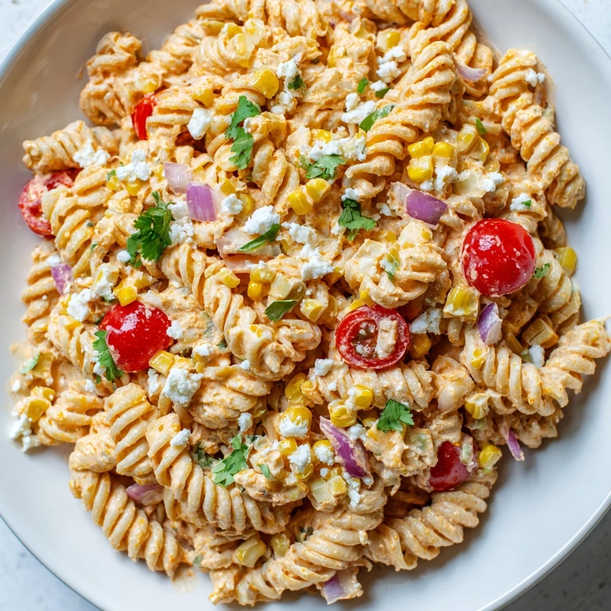 Creamy elote pasta salad with charred corn, crumbled cotija, and fresh cilantro in a vibrant bowl