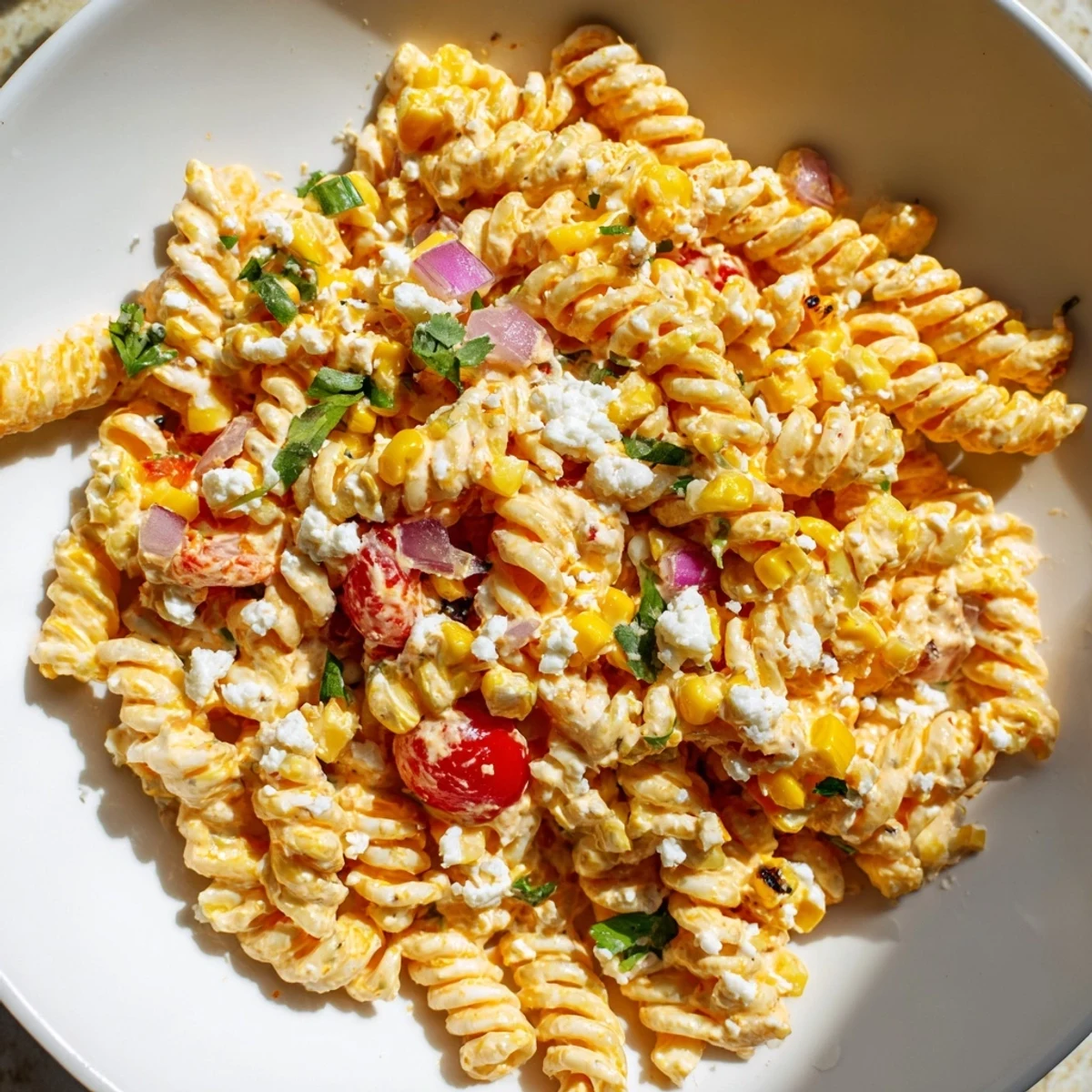 Colorful elote pasta salad loaded with roasted corn and tangy cheese, perfect for summer cookouts