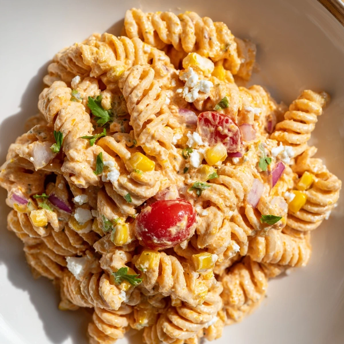 Chilled elote pasta salad tossed in smoky lime dressing, studded with juicy cherry tomatoes