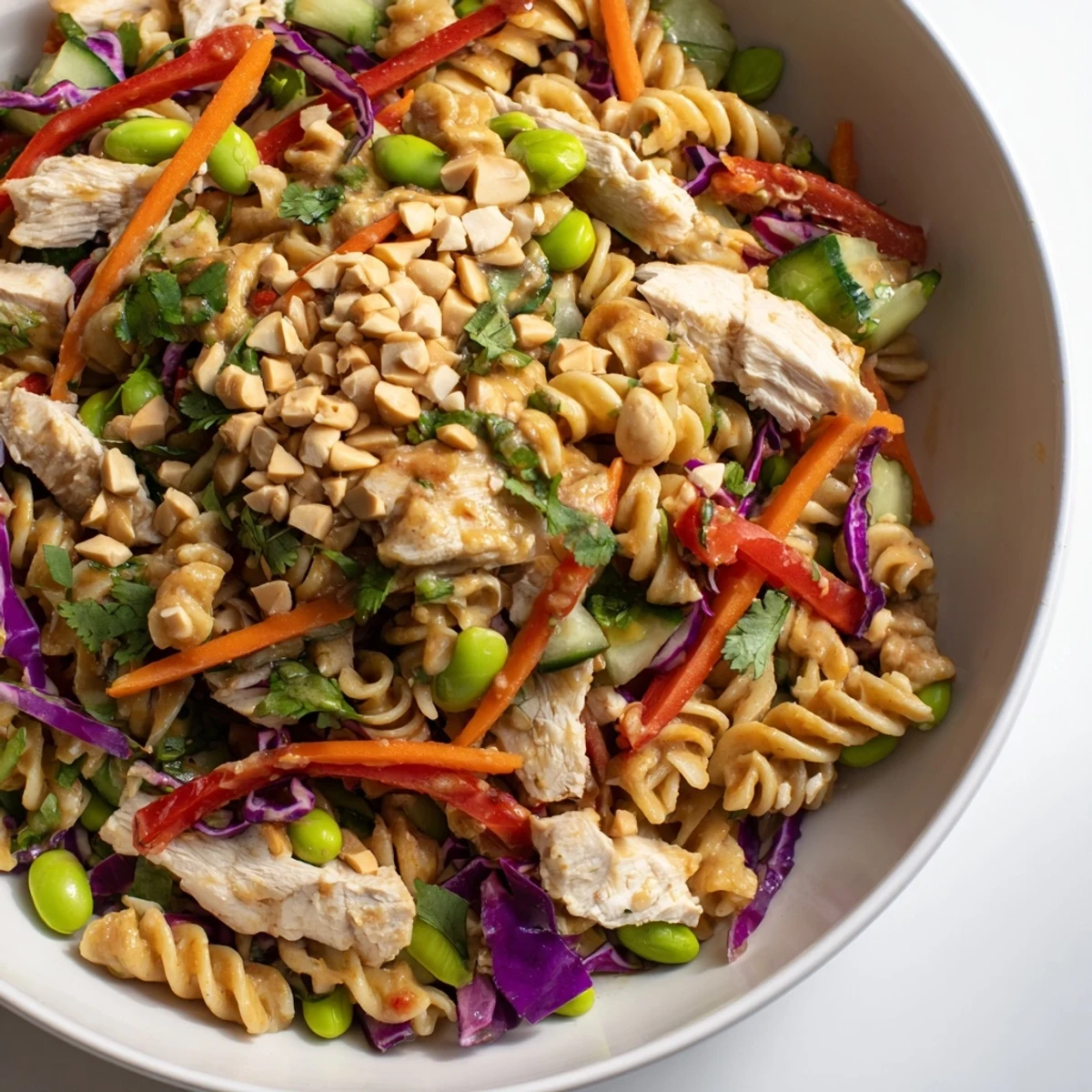 Colorful protein packed Thai pasta salad tossed in creamy peanut dressing with crisp vegetables