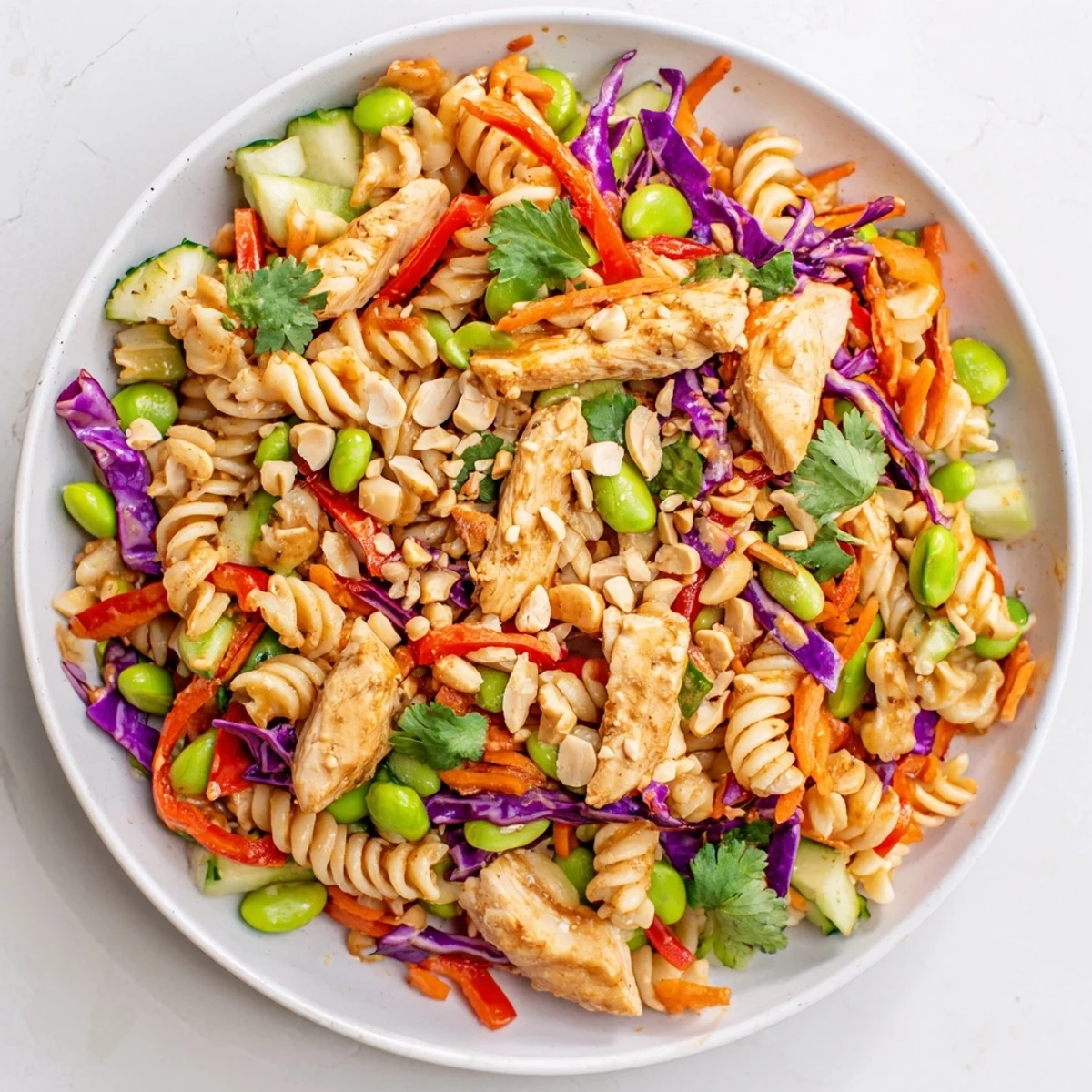 Grilled chicken and edamame glisten in a zesty protein packed Thai pasta salad bowl