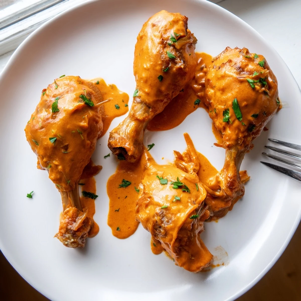 Golden paprika chicken drumsticks nestled in a rich, velvety cream sauce