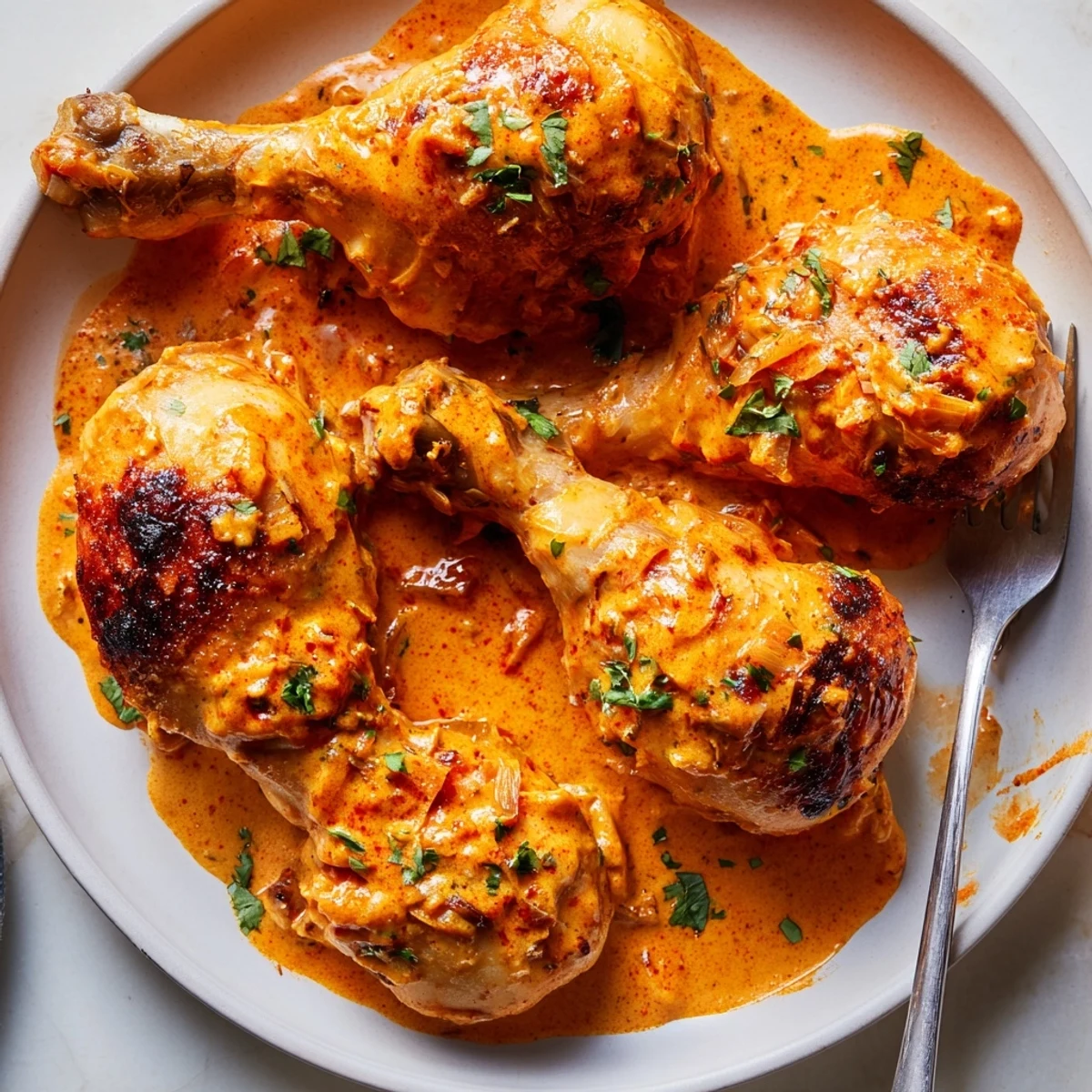 Juicy seared chicken drumsticks swimming in a smoky, paprika-infused creamy sauce