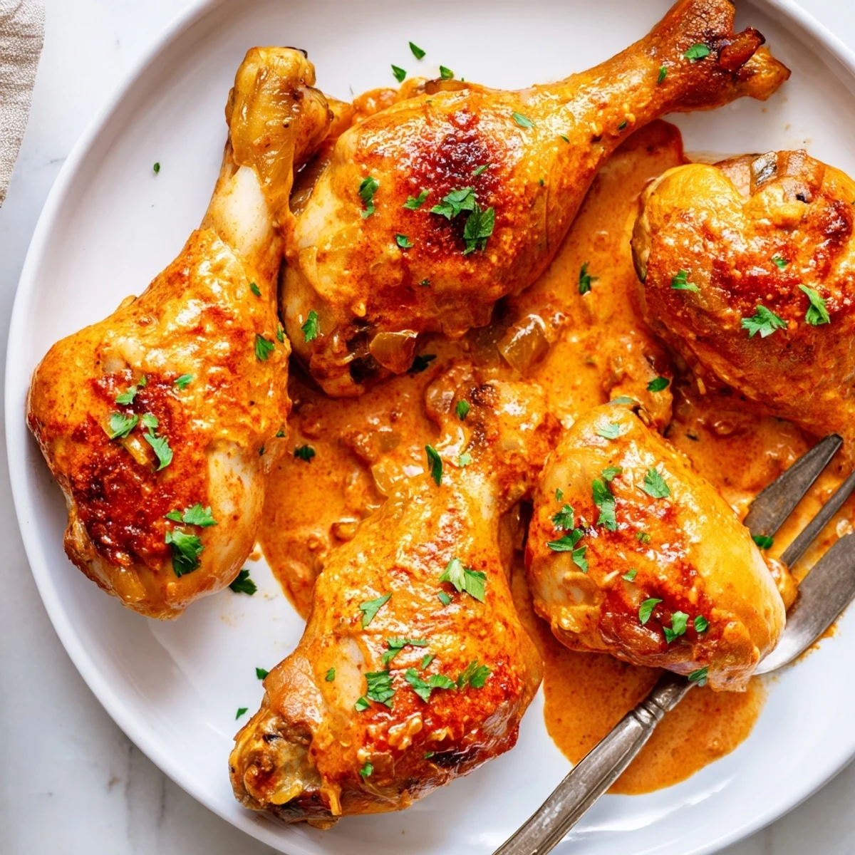 Crispy-skinned paprika chicken drumsticks served hot with herbs in a luscious sauce