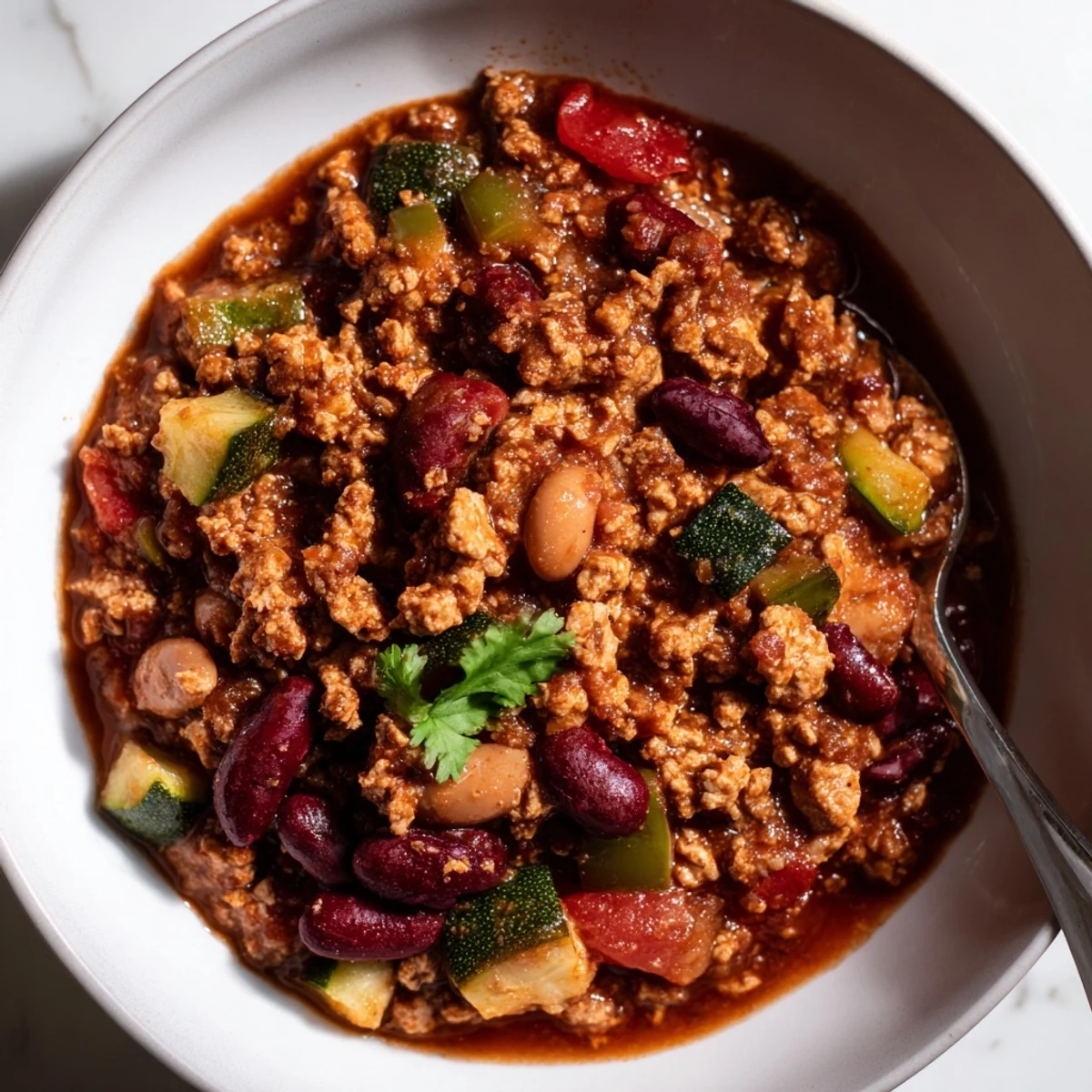 Steaming bowl of diabetic chili recipe topped with fresh cilantro and Greek yogurt