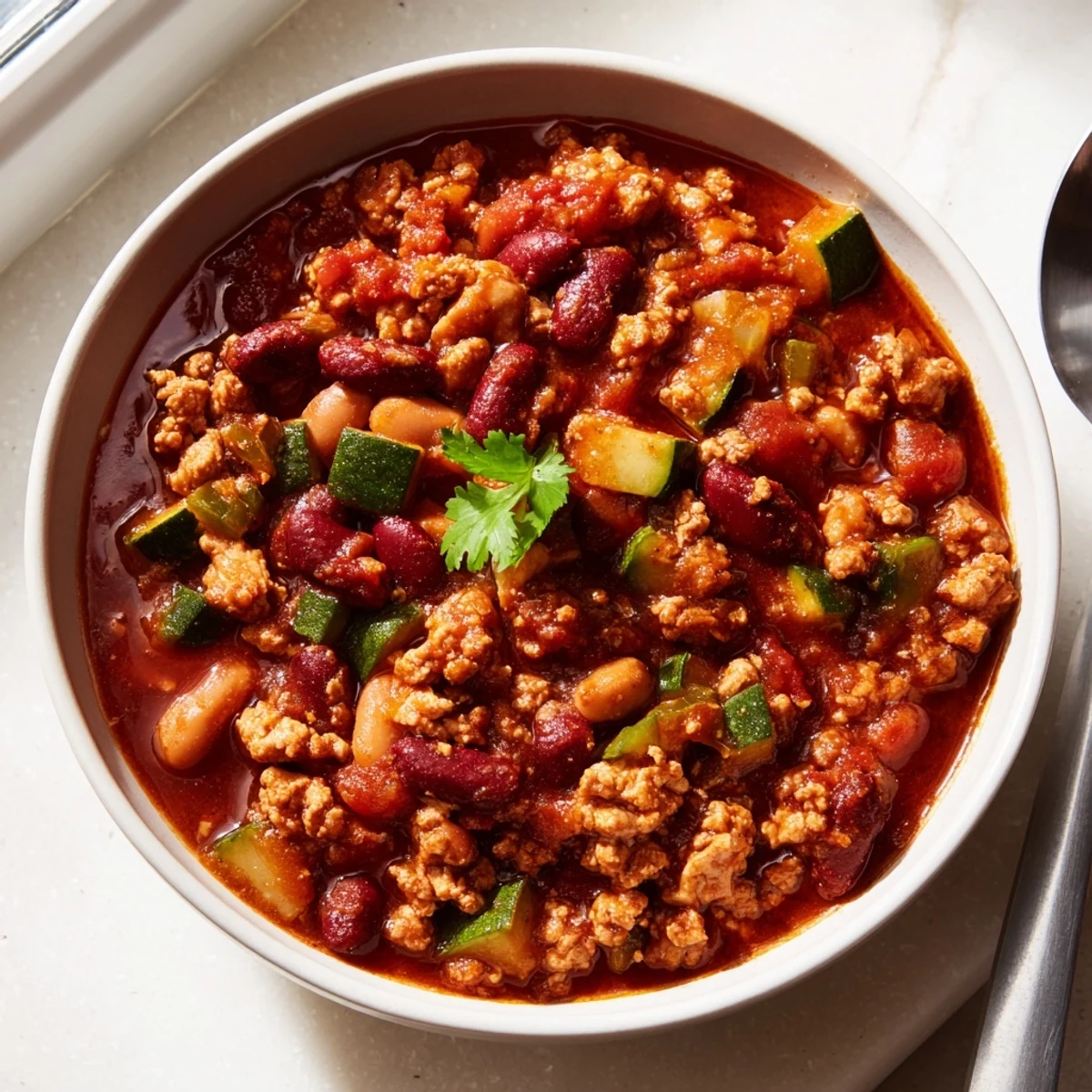 Hearty diabetic chili recipe loaded with lean turkey beans and colorful vegetables