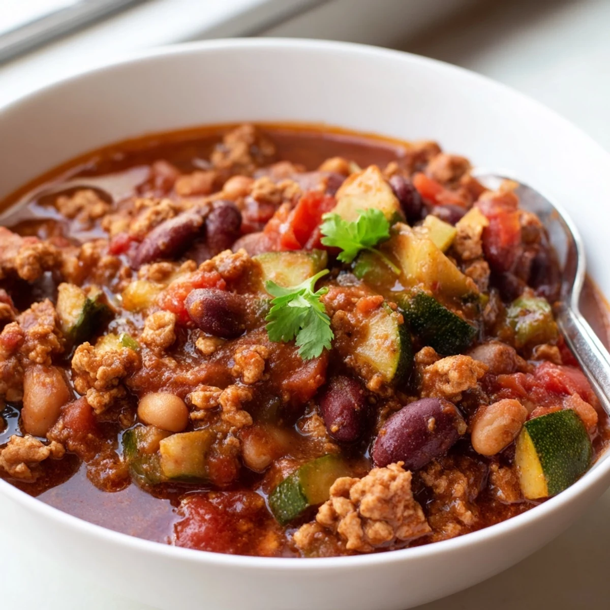 Thick spoonful of diabetic chili recipe served in a rustic Dutch oven