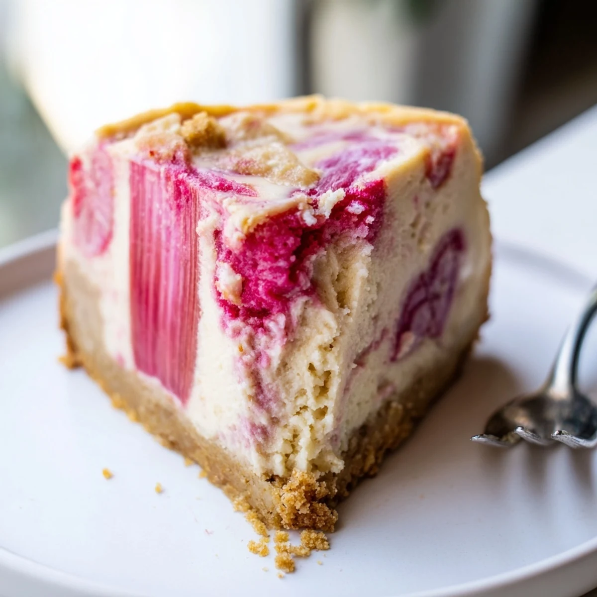 Creamy keto rhubarb cheesecake with vibrant pink swirls sliced on a rustic plate
