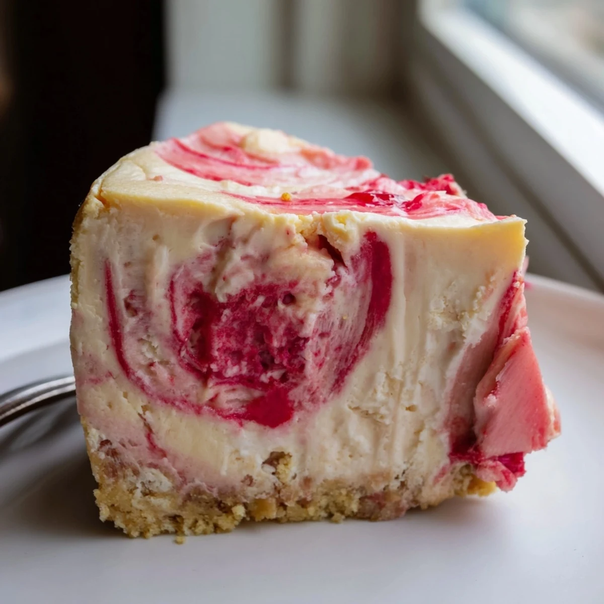 Tangy rhubarb ribbons marble through a rich low-carb cheesecake topped with whipped cream