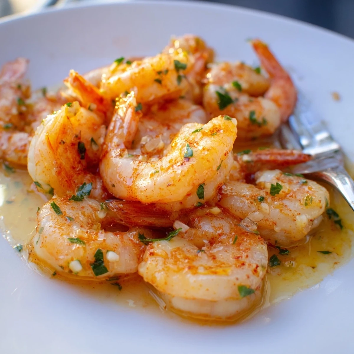 Golden buttered shrimp glistening in a garlicky lemon butter sauce with fresh parsley