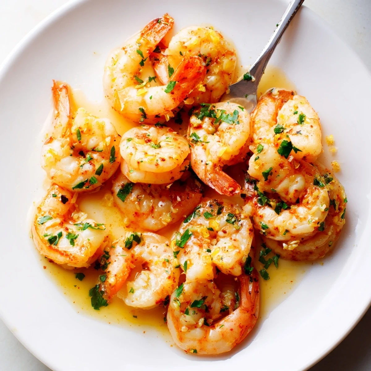 Plump buttered shrimp coated in a glossy garlic herb sauce ready for serving