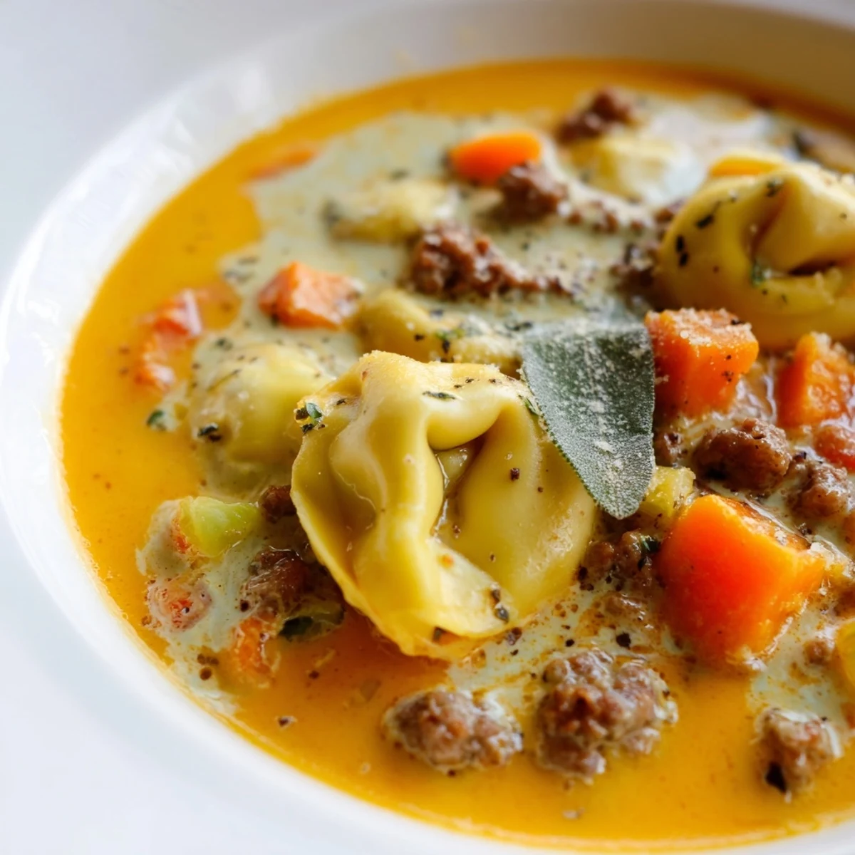 Creamy butternut squash sausage tortellini soup in a rustic bowl with golden cheese swirl
