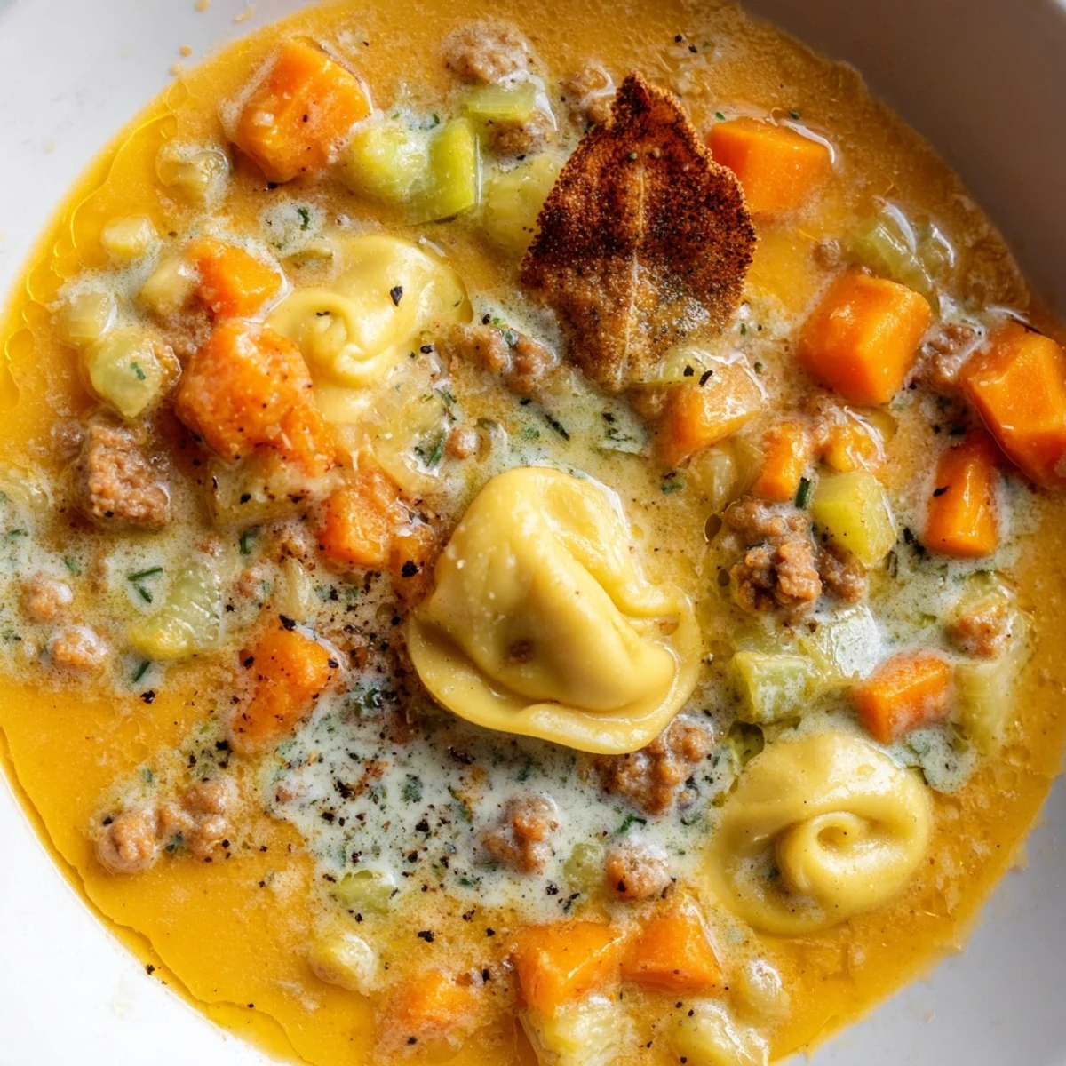 Steaming bowl of butternut squash sausage tortellini soup topped with crispy fried sage leaves