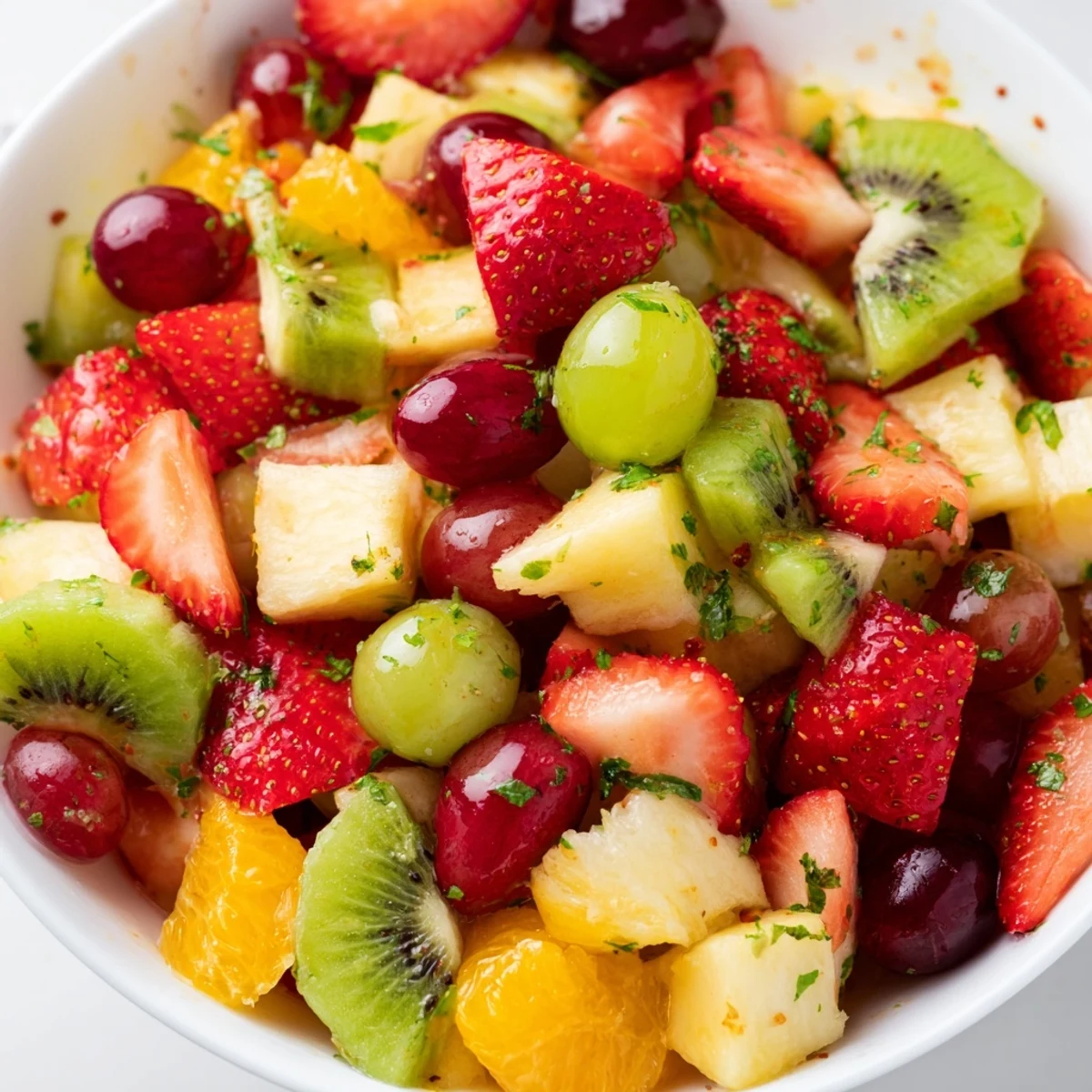 Colorful fruit bowl glistening with fresh lime dressing and chopped mint leaves