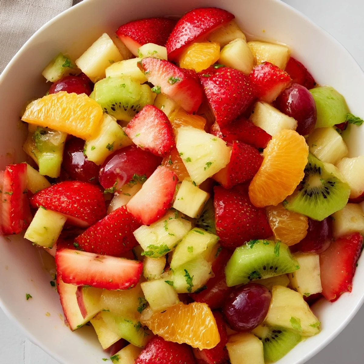 Refreshing fruit bowl featuring sliced strawberries, kiwi, and juicy pineapple chunks