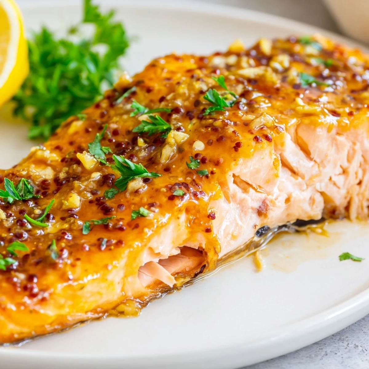 Golden baked honey mustard salmon fillet glistening with sweet and tangy glaze on a parchment-lined baking sheet.
