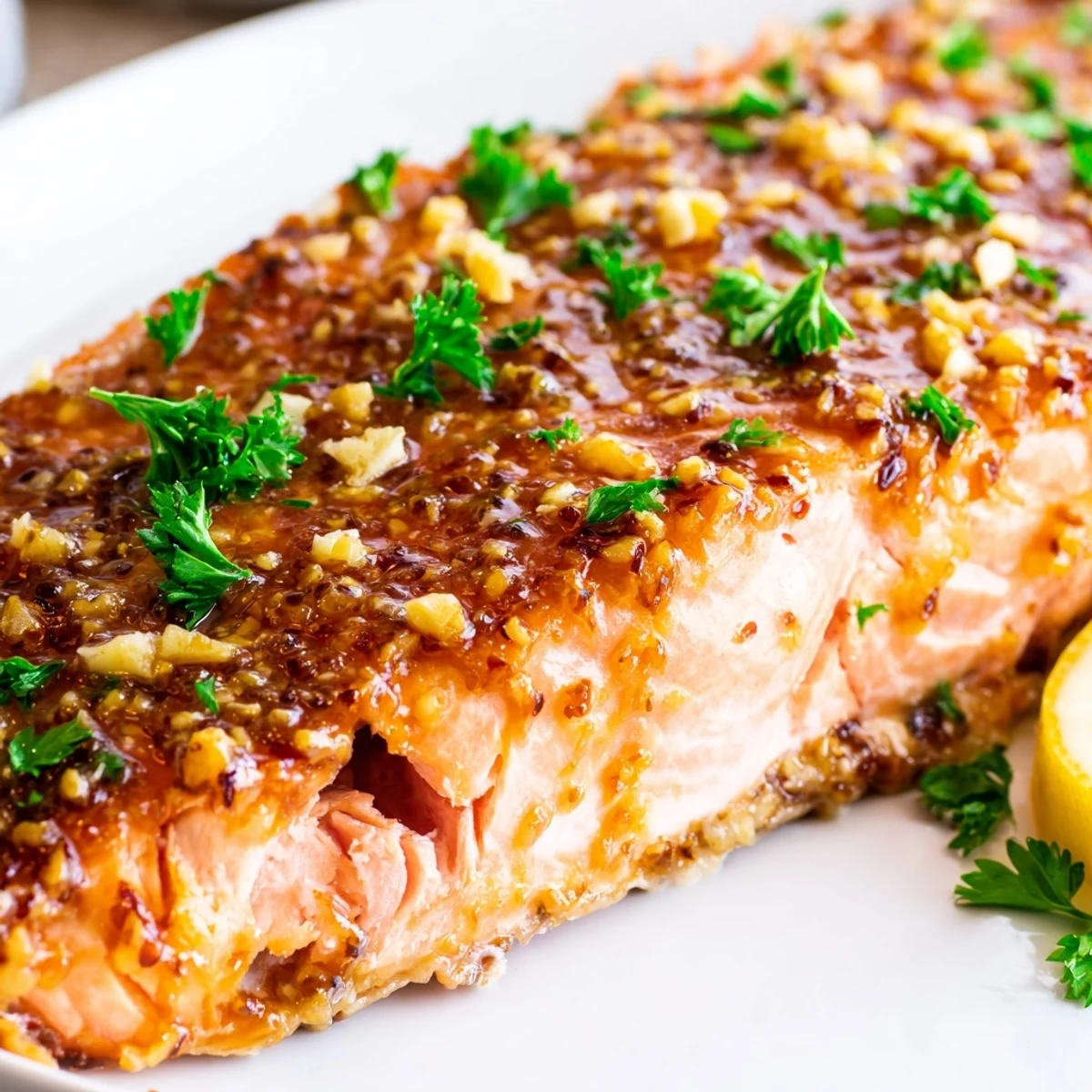 Juicy baked honey mustard salmon garnished with fresh parsley and bright lemon wedges on a white plate.