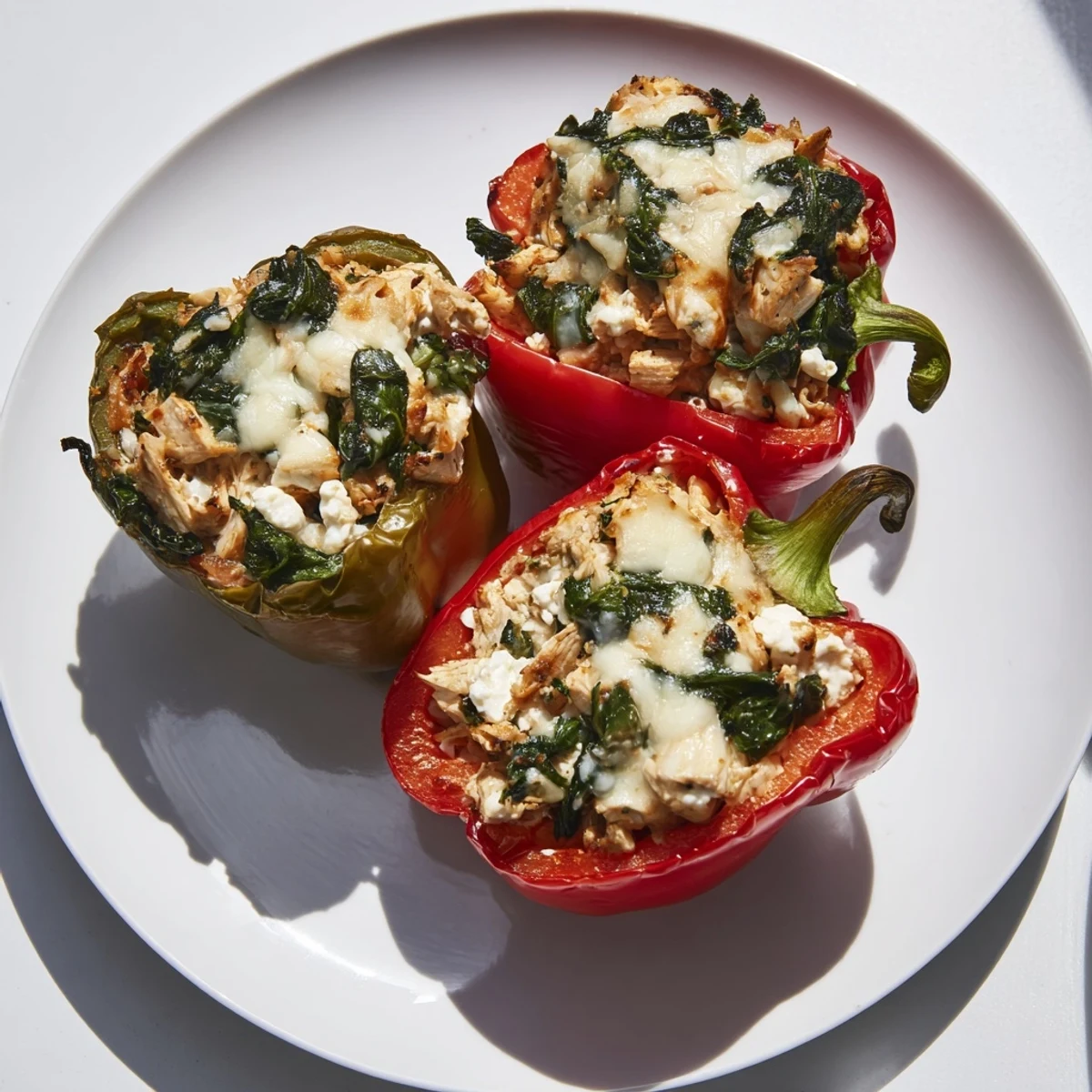 Tender bell peppers stuffed with creamy chicken and spinach mixture baked until bubbly.  