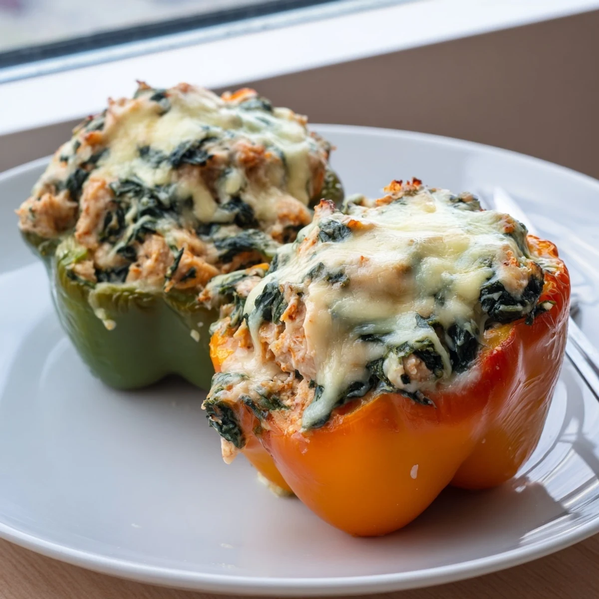 Golden cheesy Chicken Florentine Stuffed Peppers baked with spinach and melted mozzarella.  