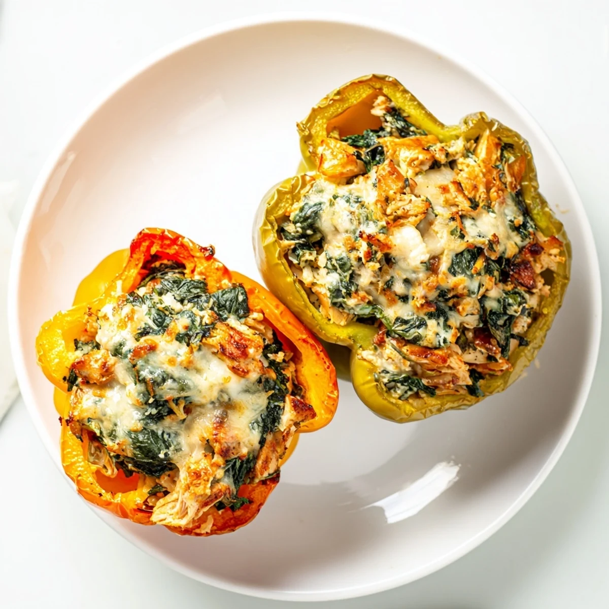 Savory stuffed peppers filled with seasoned chicken Florentine filling topped with browned cheese.