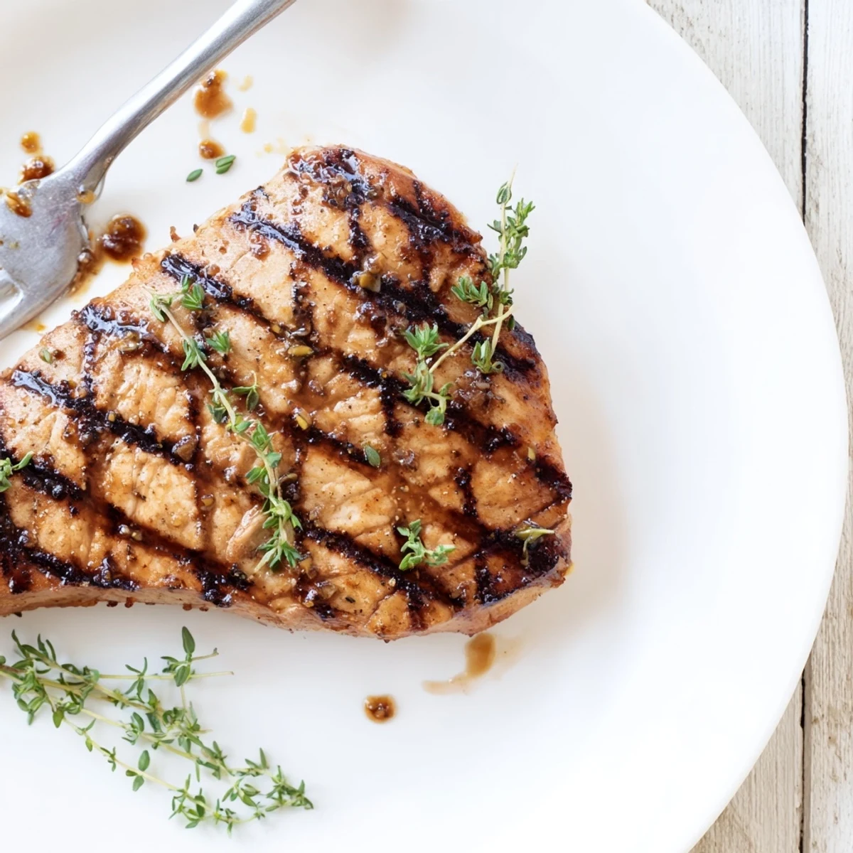 Golden maple Dijon grilled chicken with char marks resting on a white plate.