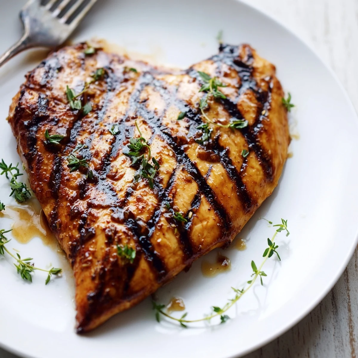 Sliced maple Dijon grilled chicken served with fresh thyme and grilled summer vegetables.