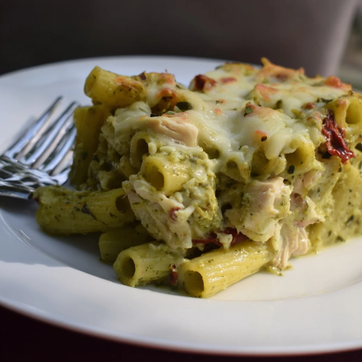 Golden Pesto Chicken Pasta Bake bubbling with melted mozzarella and basil.
