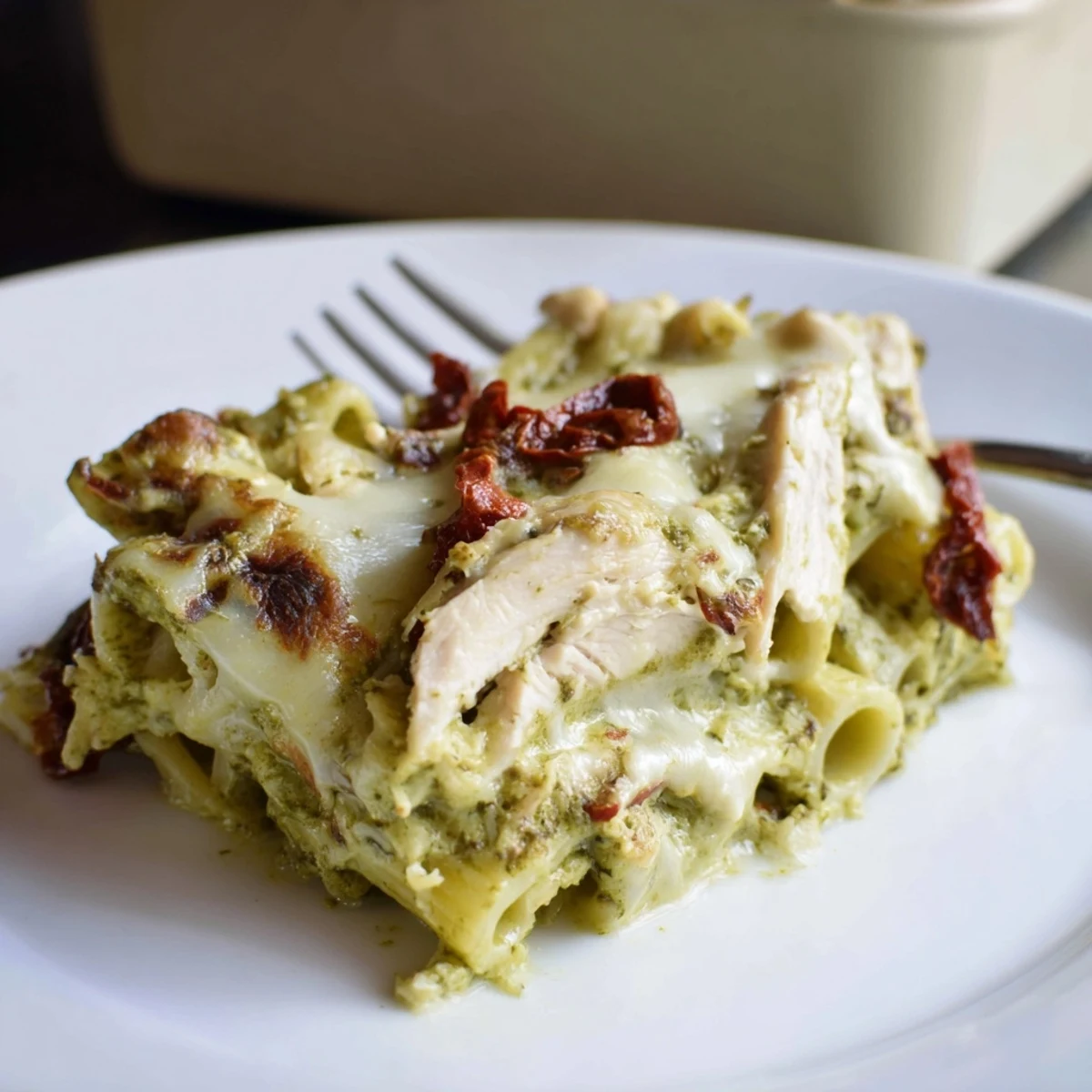 Creamy pesto chicken pasta bake with tender bites and cheesy crust.