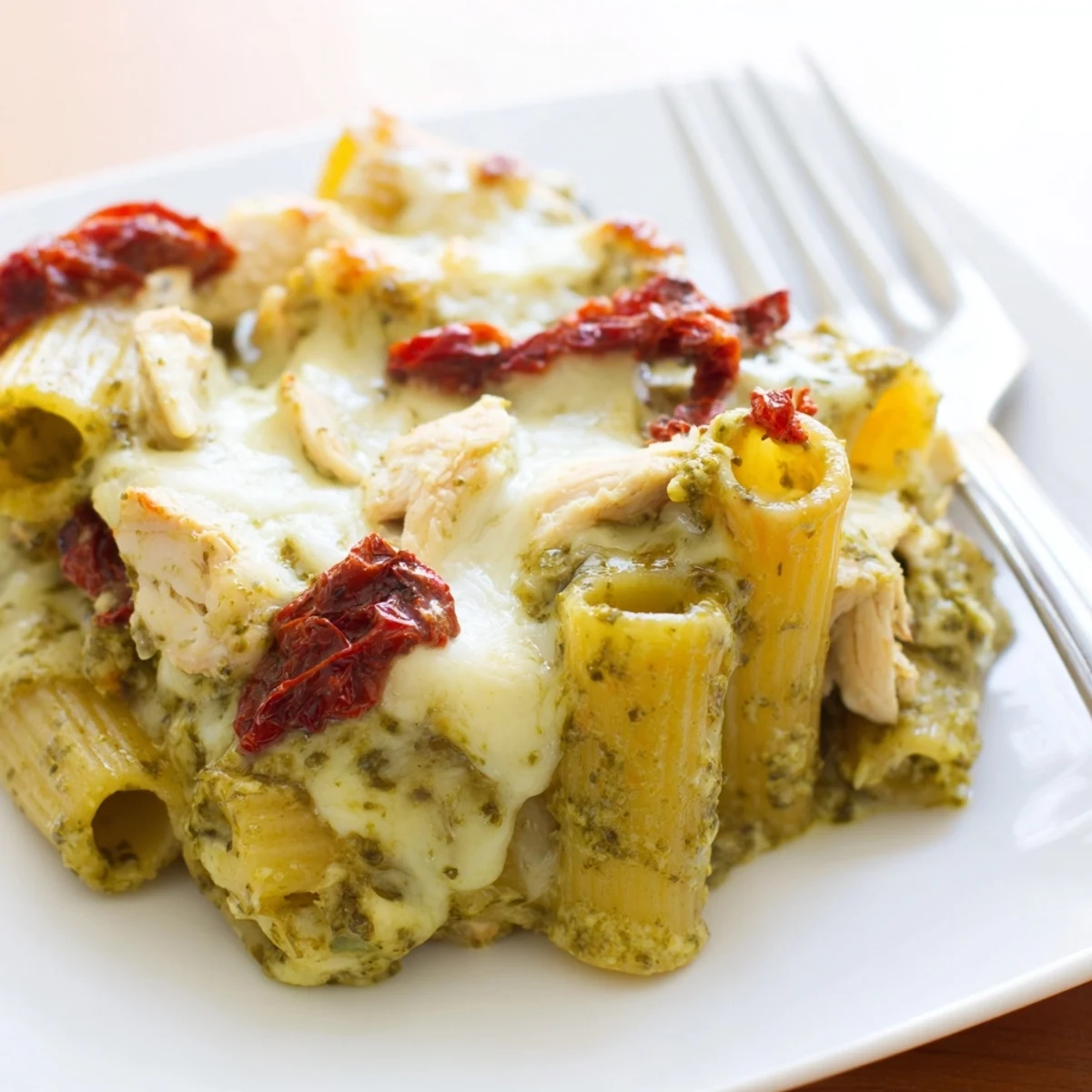 Family-style pesto chicken pasta bake topped with mozzarella and fresh basil.