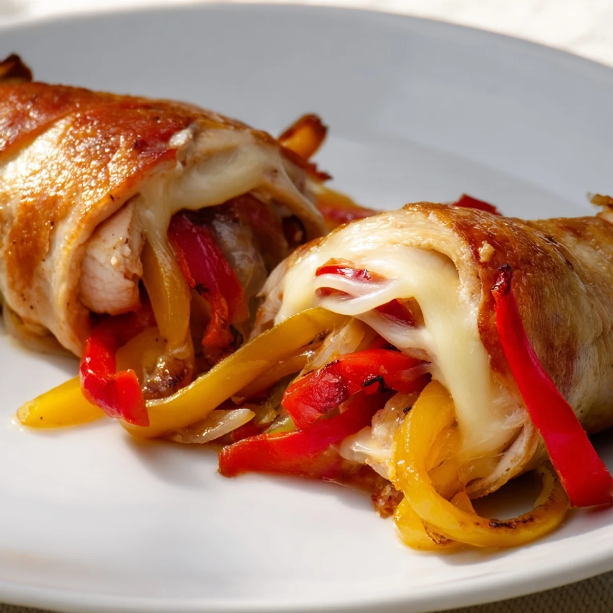 Baked chicken fajita roll ups sliced to reveal melty cheese and colorful peppers inside.