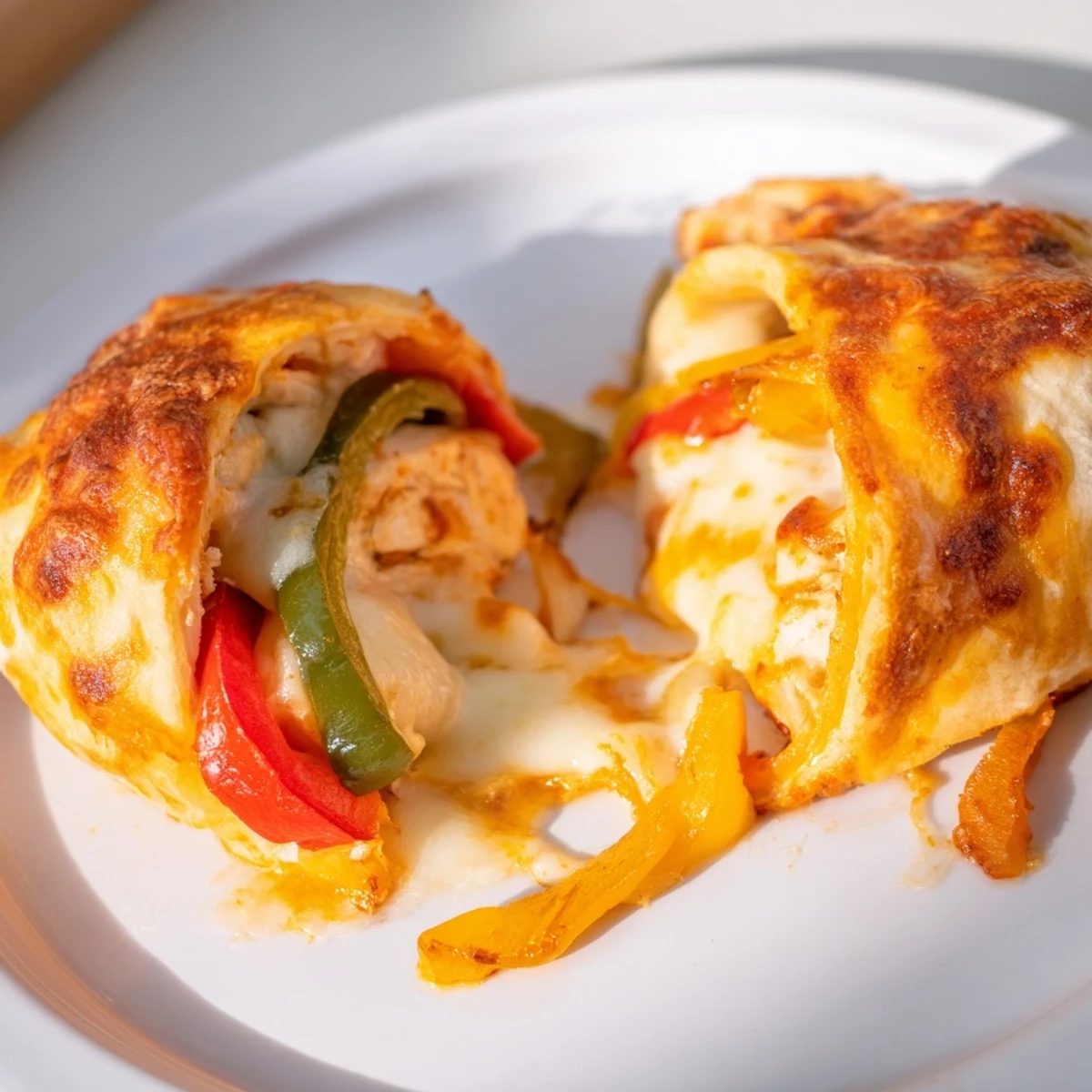 Savory stuffed chicken breasts bubbling with Monterey jack and sliced fajita vegetables in a baking dish.