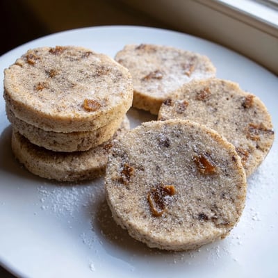 Warm espresso shortbread cookies with gooey toffee bits stacked on a rustic plate
