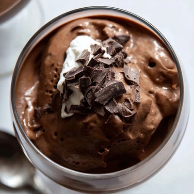 Silky chocolate mousse spooned into ramekins with dark cocoa shavings and mint